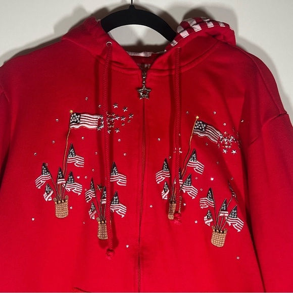 Vintage Y2K Quacker Factory red gold stars embroidered flags zip up hoodie sz 1X - Picture 8 of 15